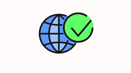 motion icon Blue globe with green checkmark, representing global approval. 
