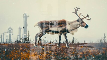 Reindeer walking through the snow in front of an industrial building