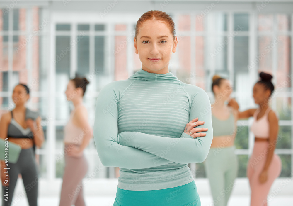 Wall mural Gym, arms crossed and portrait of woman, confident and fitness of trainer with smile and workout. Health club, people and ready for pilates, exercise and routine in morning, wellness and group