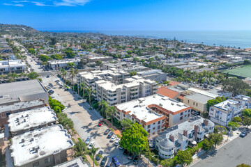 Aerial view over La Jolla with big villas and ocean in the background, San Diego, California, USA