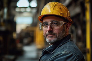 Middle-aged steel plant worker in a yellow helmet and safety glasses, looking confidently at the camera with a blurred industrial background, captured with Sony Alpha a7 III and macro lens to highligh