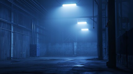 Mysterious industrial space illuminated by blue lights, creating an eerie atmosphere with fog and shadows.