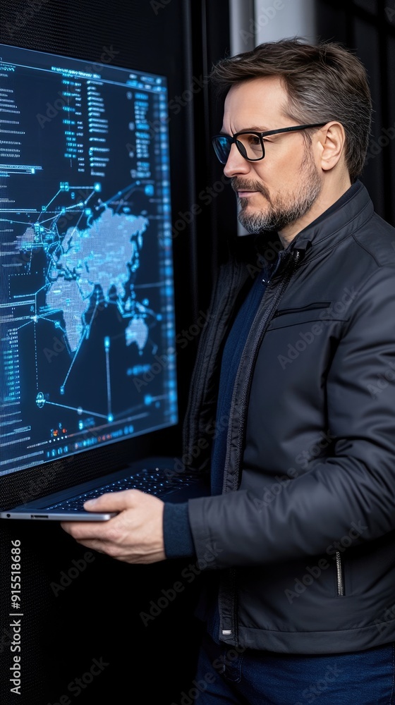 Poster a business professional showcases data on a laptop while standing in a modern server room filled wit