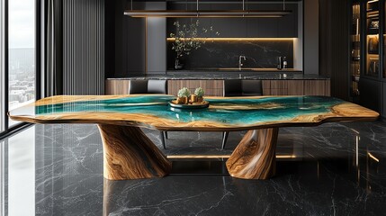 Stunning wooden table with a vibrant turquoise epoxy resin, ideal for modern interiors, showcasing elegance and artistic design.