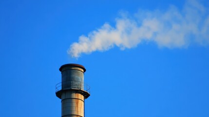 Industrial Pollution Concept - Factory Chimney Spewing Smoke into Clear Blue Sky