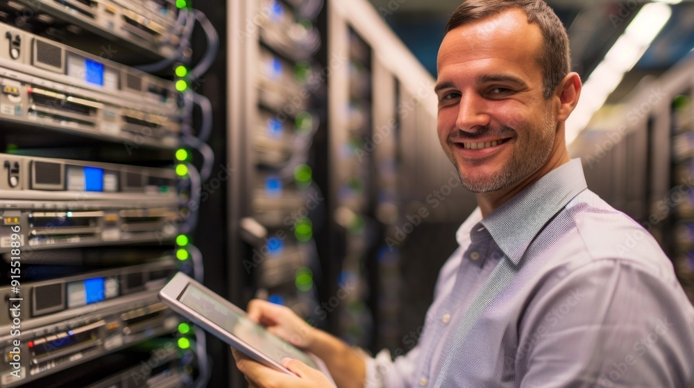 Aufkleber a man is smiling and holding a tablet in front of a row of servers