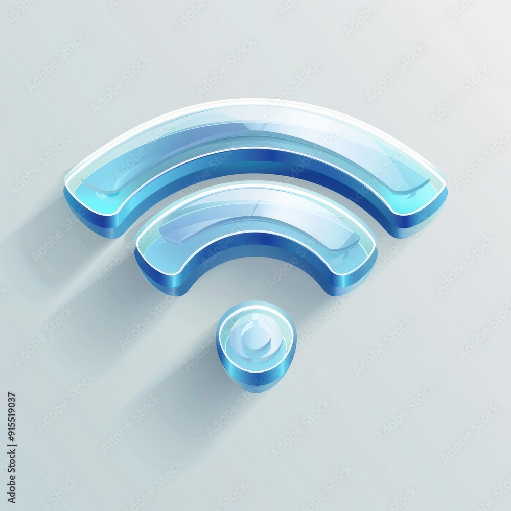 Poster dynamic blue wifi symbol radiating a wireless internet signal on a bright backdrop, representing con