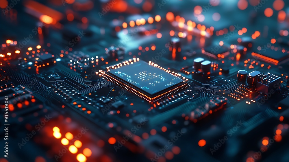 Poster Freshly Assembled Computer Chip Close-Up with Clean Lines and Vibrant Connections