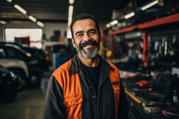 Obraz premium Smiling portrait of a middle aged car mechanic in workshop