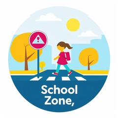Fototapeta premium Cartoon illustration of a schoolgirl with a backpack crossing the street in a school zone, emphasizing pedestrian safety