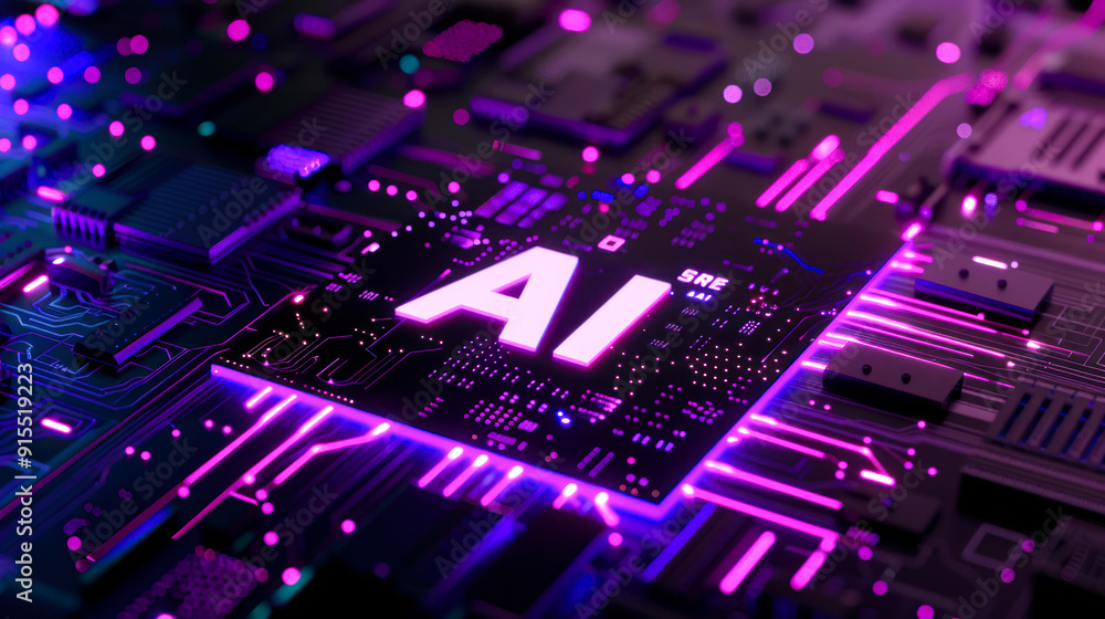 Poster Processor or microchip with AI text on circuit board. Artificial intelligence background illustration. Core of artificial intelligence machine with neon light of energy. computer technology, data