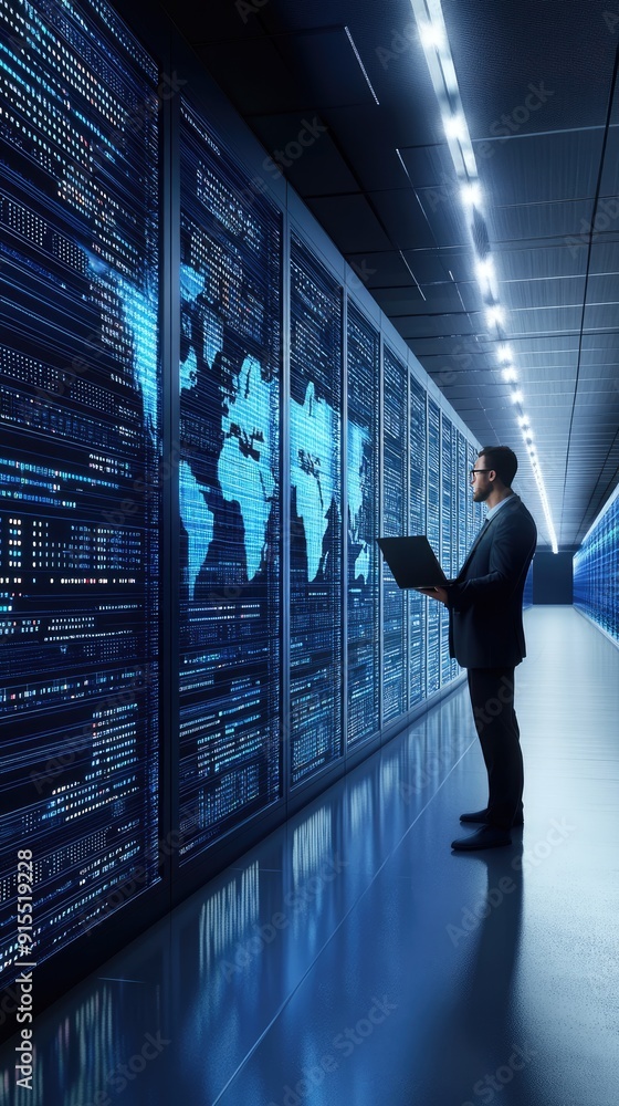 Poster a business professional showcases data on a laptop while standing in a modern server room filled wit
