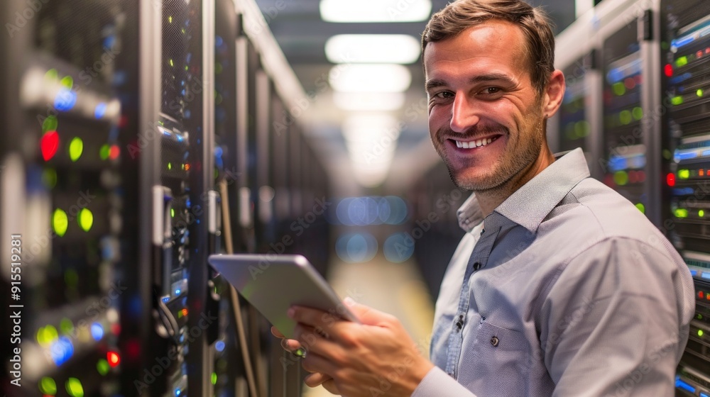 Poster A man is smiling and holding a tablet in a large room with many computer servers