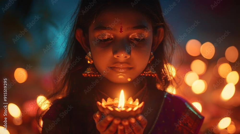 Wall mural Young Indian girl holding Diwali oil lamp