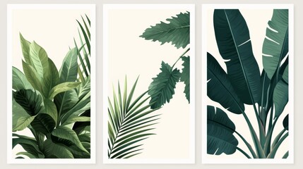 Set of Three White Poster Frames with Black Borders, Featuring Different Plant Leaves in Minimalist Style