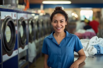 Fototapeta premium Portrait of a smiling Hispanic woman working at laundromat