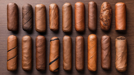 An assortment of 15 cigars arranged in three rows on a wooden surface, showcasing various colors and textures.