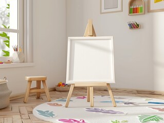 white empty easel for drawing in children's beigeroom
