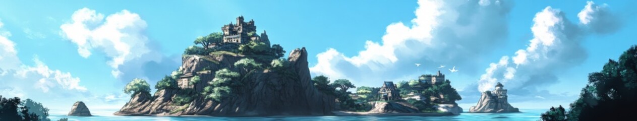 Obraz premium Mysterious Anime-Style Adventure Archipelago with Untold Stories Hidden in a Chain of Enchanting Islands,Abstract concepts, game concept art, storybook illustrations, comic strips, book illustrations 