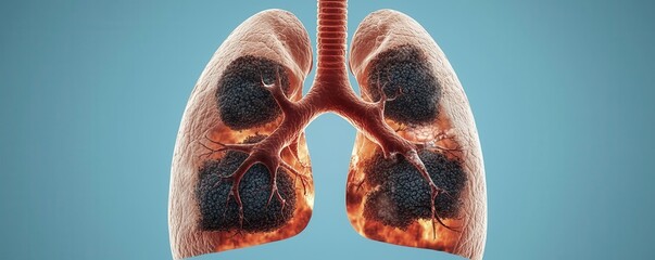 Abstract art of lungs with dark spots, highlighting air pollution and lung cancer, artistic expression