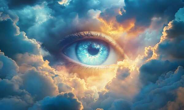 The all-seeing eye in the sky between the clouds. Divine eye. God.