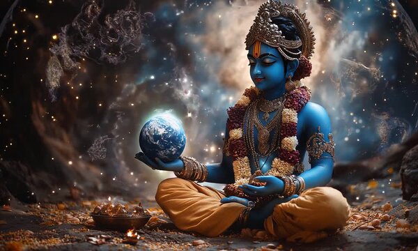 Lord Krishna holds the earth in his hand and looks with love. Against the background of outer space. Close-up with zoom.