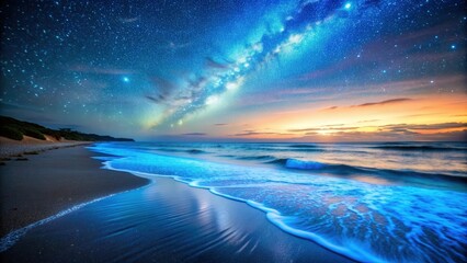 Serene beach at twilight with bioluminescent waves and star-filled sky, beach, twilight, serenity, bioluminescence, waves, shore