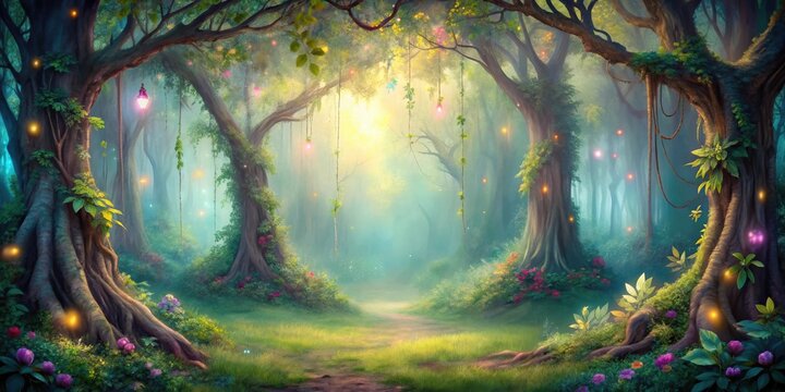 Enchanted forest scene in soft pastels with vine-covered trees , Enchanted, forest, scene, soft pastels, trees, vines, magical