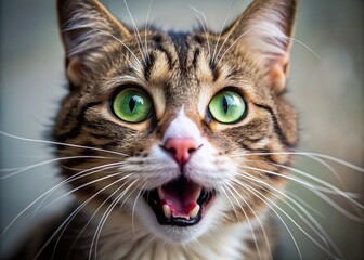 Adorable whiskered feline with bright green eyes and soft pink nose has open mouth revealing sharp white teeth in a playful expression.