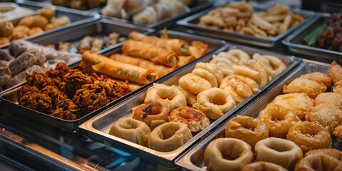 Assorted textures and flavors of fried dumplings spring rolls and onion rings displayed in metal trays at a food market exemplifying the diverse and delicious street cuisine of Asia