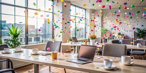 Obraz premium Colorful confetti fills the air in a modern, minimalist office space, surrounded by laptops, notebooks, and empty coffee cups, symbolizing entrepreneurial achievement.