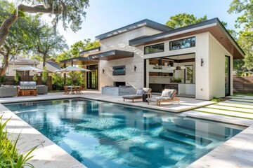 Fototapeta premium Small modern design home with backyard pool