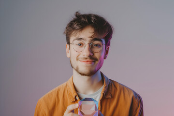 Smiling male animator holding a prism against a gradient background