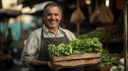 Fototapeta premium A smiling vendor proudly holds a crate of fresh greens at the vibrant marketplace, showcasing the joy of local produce.