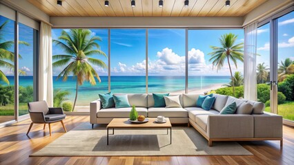 Fototapeta premium Tropical beach house interior with modern living room, large window, sofa, and bright blue sea view, tropical