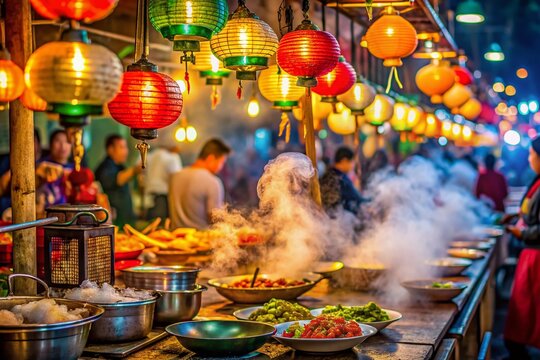 Vibrant night market scene with steaming street food, colorful lanterns, and empty plates and utensils, evoking a sense of joyful culinary adventure in Asian streets. - Powered by Adobe