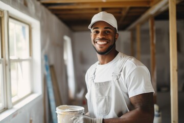 Portrait of a young smiling house painter refurbishing