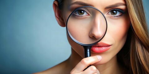 Close-up image of a magnifying glass enlarging the fat on a woman's chin , magnifying glass, fat, chin, enlargement, close-up, women