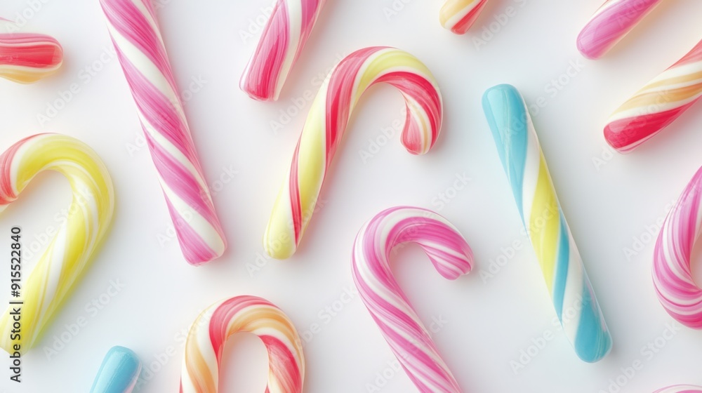Poster a close-up of colorful candy canes with twisted stripes, arranged in a decorative pattern against a 