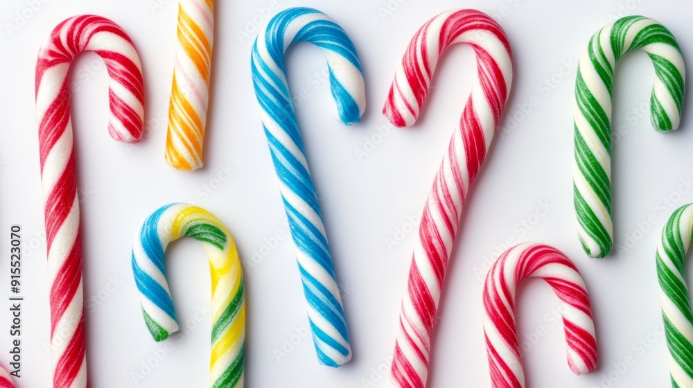 Poster a close-up of colorful candy canes with twisted stripes, arranged in a decorative pattern against a 