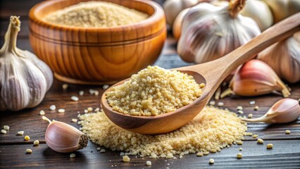 Heaping spoonful of fragrant dry granulated garlic aroma seasoning, a versatile cooking essential for enhancing flavors in various dishes, savory and aromatic.