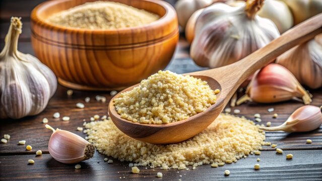 Heaping spoonful of fragrant dry granulated garlic aroma seasoning, a versatile cooking essential for enhancing flavors in various dishes, savory and aromatic.