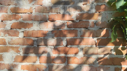 Brown old brick wall with shadow from leaves and rays of light, texture background for product presentation, architecture and modern design
