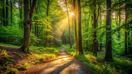 Fototapeta premium A serene, winding dirt path disappearing into lush green forest, illuminated by dappled sunlight, symbolizing the commencement of a thrilling outdoor escapade.