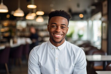 Fototapeta premium Portrait of a smiling young waiter at bar