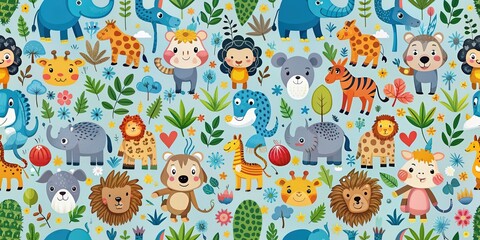 Naklejka premium Seamless pattern with various animals perfect for kids' products or nature-themed designs, wildlife, cute, texture, repeated