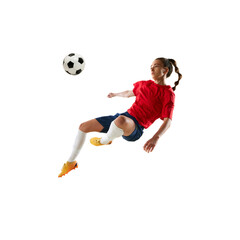 Naklejka premium Mid-flight female soccer player, hair flying, as she powerfully kicks ball in acrobatic move against white studio background. Concept of women and sport, team games, movement, victory, action. Ad