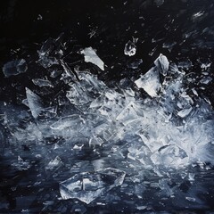 Obraz premium Crushed ice fragments scattered across a dark surface, showcasing the dynamic texture and motion