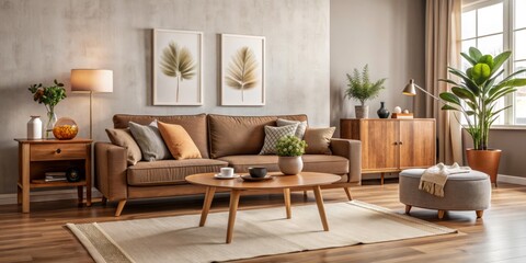 Fototapeta premium Inviting living room interior features a comfortable brown sofa, wooden coffee table, and elegant beige sideboard, adorned with personal touches and decorative accessories.