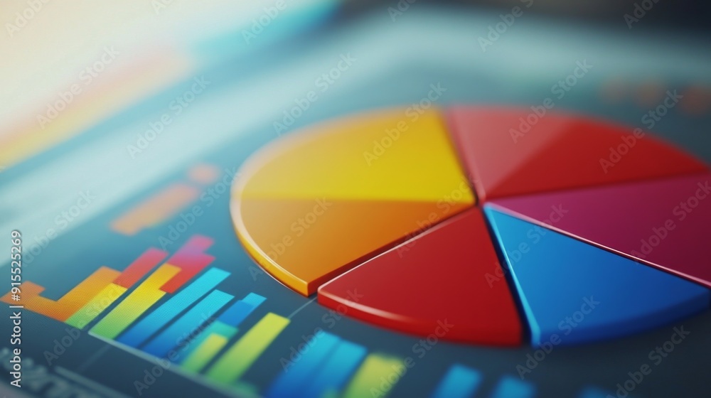 Poster a colorful pie chart on a computer screen, showing different market segments with clear labels and p
